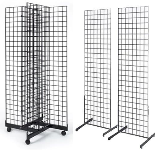 2' x 6' Grid Wall Panel 4-Sided Floorstanding Display Fixture with Rolling Base Plus 2x) 24" x 72" Floor Standing Grid Displays, Black