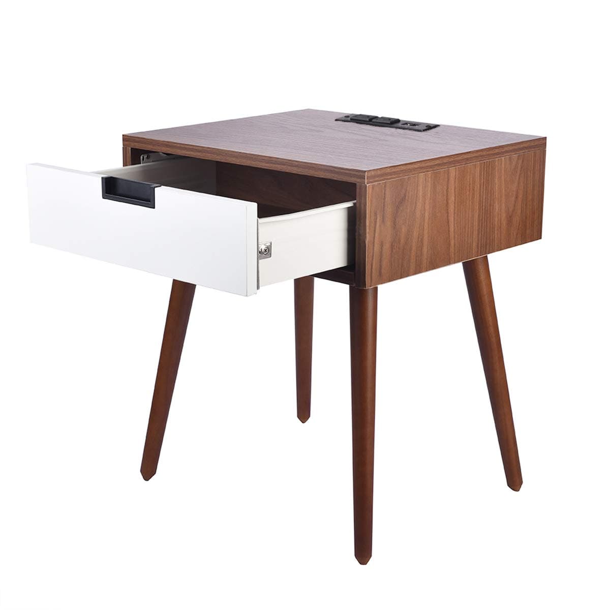 Nightstand End Table with USB Power Plug & LED Sensor Light, Frylr Bedside Table with Drawer Storage for Bedroom, Living Room Sofa, Light Walnut and White