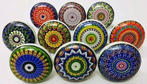 India Knobs Set of 10 Multicolor Flat Ceramic Knobs Kitchen Knobs Drawer Pull Cabinate pulls Kids Room