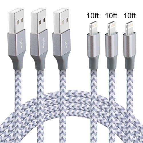 Akaho iPhone Cable,Lightning Cable 3Pack 10FT Extra Long Nylon Braided Cord to USB Charging Charger for iPhone 7/7 Plus/6S/6S Plus,SE/5S/5,iPad,iPod Nano 7 (GrayWhite)