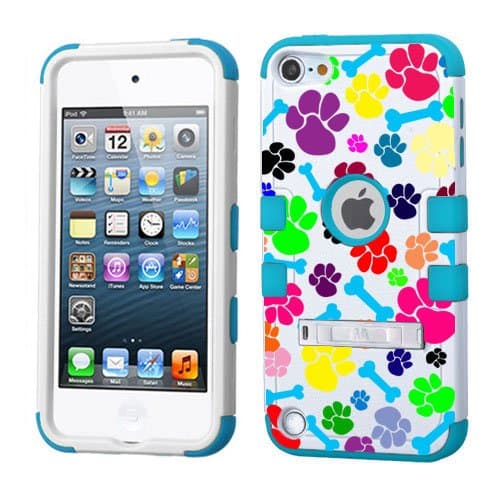 PHONETATOOS iPod Touch 5th 6th Generation Case - Hard Shell Case Compatible with Apple - Shockproof Hybrid 5/6 Cover with Stand for Boys and Girls (Animal Footprints with Bones Blue)