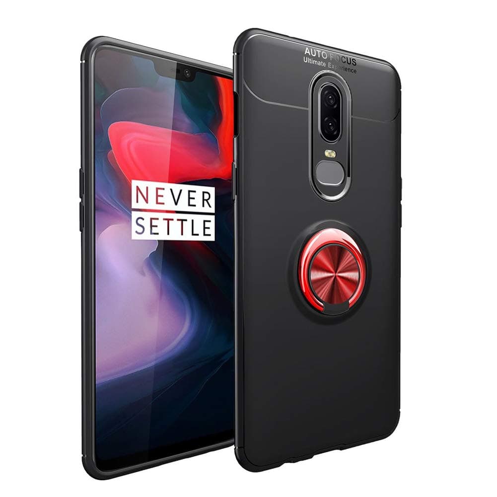 OnePlus 6T Case, HONTECH Ultra Thin Soft Silicone 360 Rotating Magnetic Car Mount Ring Holder Kickstand TPU Cover Compatible for One Plus 6T (Black-red)