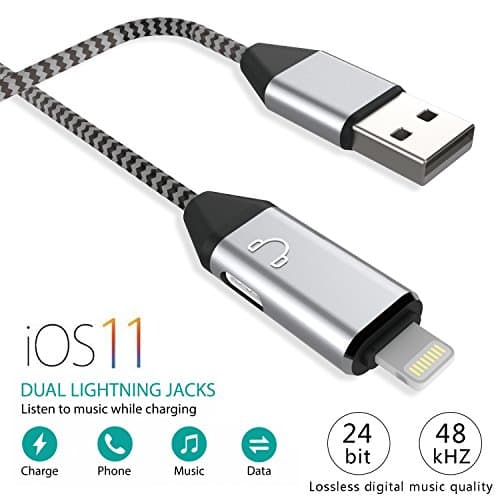 Lightning Splitter Cable, for iPhone 7 & iPhone 8 to Dual Ports Adapter, Loseless Audio Quality, 2 in 1 charge and listen to music at the same time, Support iOS 11 and before (Silver)