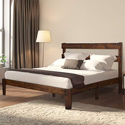 Ecos Living 12 Inch High Rustic Solid Wood Platform Bed Frame with Headboard/No Box Spring/No Squeak (Brown, Full)