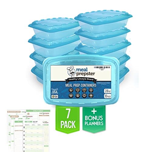 Meal Prep Containers (1 Compartment) Certified BPA Free - Reusable, Stackable Microwavable Plastic Food Storage Portion Box Freezer Dishwasher Safe w/ Airtight Blue Lids (28 Oz) (7 Pack) + Planners
