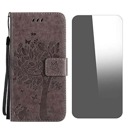 iPhone 8 Case, iPhone 7 Case, Conber Shockproof Leather Wallet Flip Case Cover + (Free Screen Protector), Vintage Emboss Tree and Cat Case for Apple iPhone 7/iPhone 8 - Grey