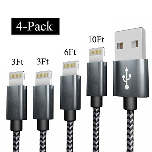 Cable 4 Pack (3FT X2+6FT+10FT), Snaok Extra Long Nylon Braided Charging Cord Lightning Cable to USB Charger for iPhone 7, 7 Plus, 6S, 6, SE, 5S, 5, iPad, iPod Nano 7 …