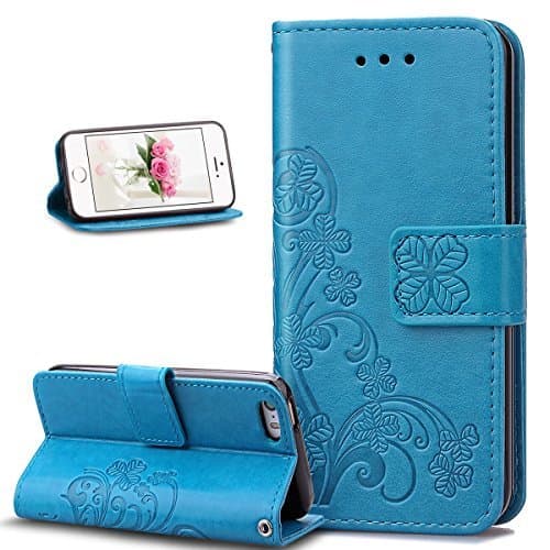 iPhone 5C Case,Wallet Case for iPhone 5C,Embossing Clover Flower PU Leather Fold Wallet Pouch Case Leather Wallet Flip Stand Credit Card Holder Case Cover for Apple iPhone 5C,Clover Flower:Blue