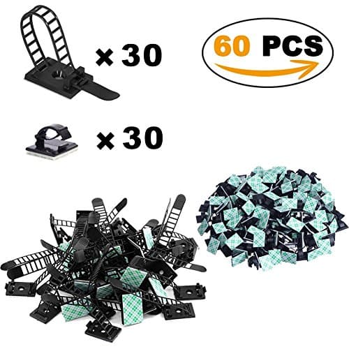 Cable Clips, Cable Wire Management, Drop Cable Clamp Wire Cord Tie Holder, Adjustable Nylon Cable Ties and Self-Adhesive Car Cable Organize for Car, Office and Home (Black 60PCS)