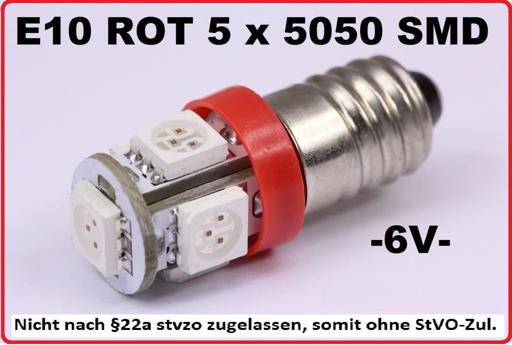 2 x SMD LED E10 Red Lamp Threads 6 V Volt Red Oldtimer Mofa Moped Bike