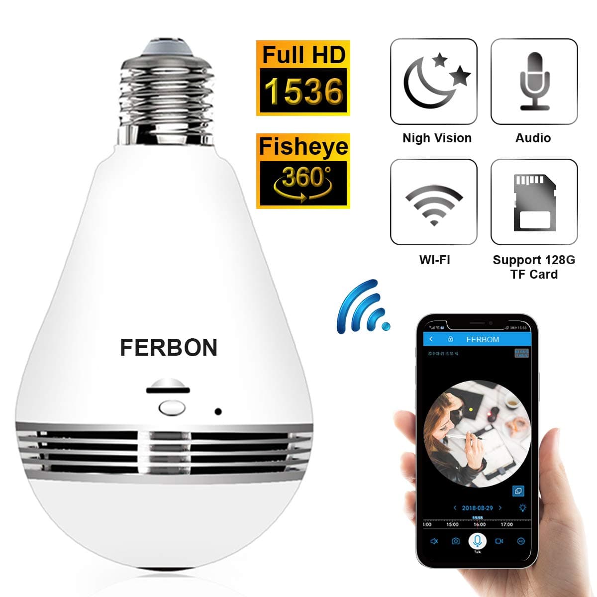 Light Bulb Camera 3MP 1536P Panoramic Camera, IR Motion Detection Cloud Service Wireless WiFi IP Security Surveillance System with Infrared Night Vision, Two Way Audio for Indoor, Home,Baby