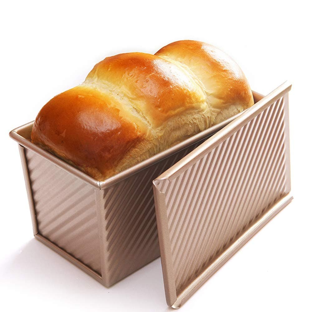 CHEFMADE Pullman Bread Pan with Lid, Non-Stick Wave Extra Thick Carbon Steel Loaf Pan Rectangular Cheese Toast Maker, FDA Approved, Champagne Gold