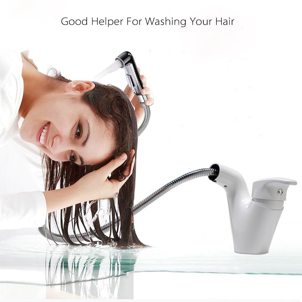 PHASAT Basin Sink Tap with Pull-Out Spray Single Handle Hot and Cold Taps with Overhead-Shower for Hair Washing Chrome White Paint MPCL02