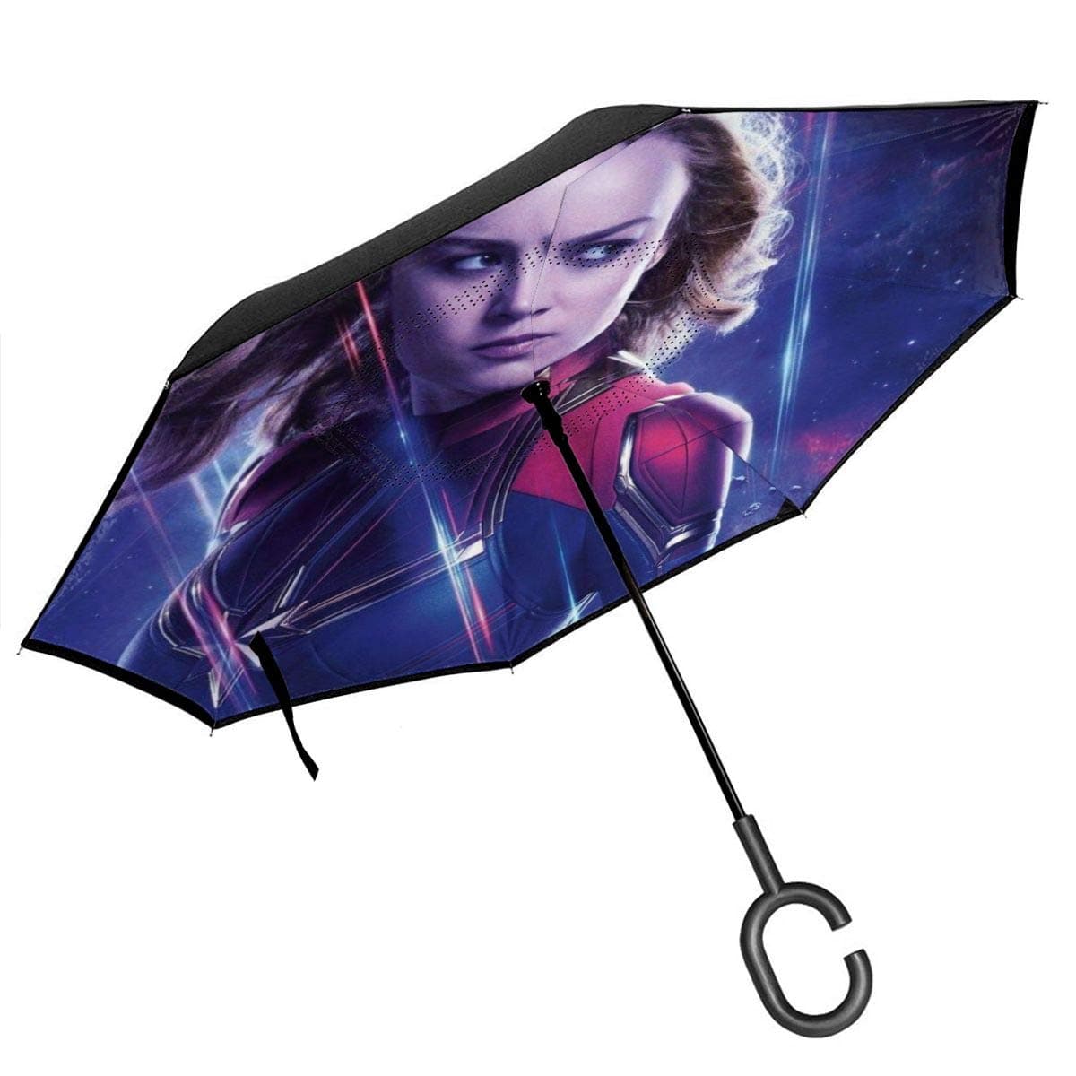 Double Layer Inverted Umbrella, Captain Marvel Reverse Open Folding Umbrella, Windproof UV Protection Big Straight Upside Down Inside Out Umbrella With C-Shaped Handle For Car Rain Outdoor