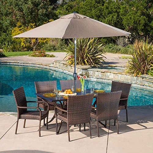 Brown Modern 7pc Rectangular Cast & Wicker Patio Dining Set | Contemporary Furniture to any Outdoor by the Garden, Veranda, Gazebo, Porch, Deck / Pool