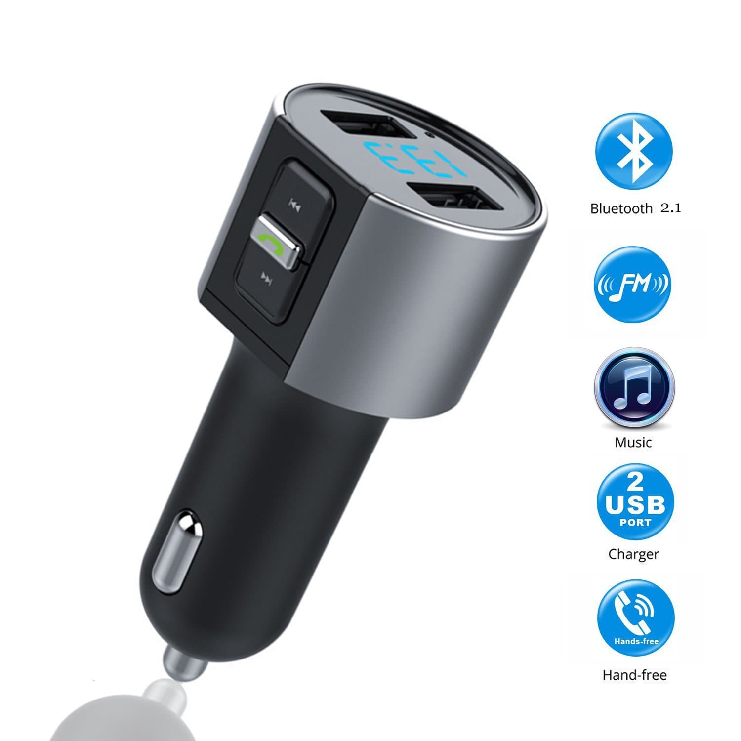 Bluetooth FM Transmitter, Wireless Bluetooth Receiver MP3 Player Wireless In-Car Stereo Radio Adapter Car Kit Hands Free Calling, Dual USB Ports Charge 5V/2.4A & 1A (black-silver)