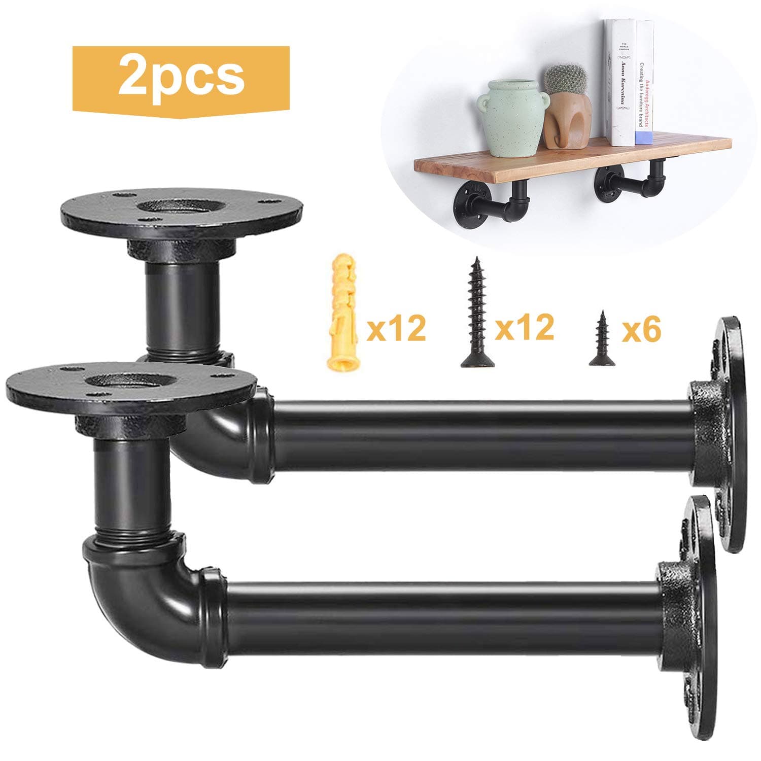 Pipe Shelf Bracket 6 inch Elbow Shelf Bracket Rustic Decorative Shelf Bracket Industrial Heavy Duty Shelf Bracket for Floating Shelf, Black 2 Pack