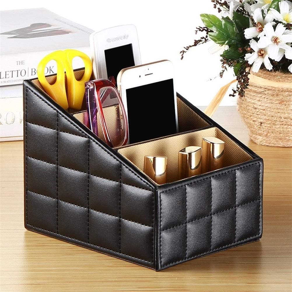ZLDDE Creative 3 Compartments Leather Remote Control Organiser Holder, Controller TV Guide For home kitchen cars (Color : Black grid)