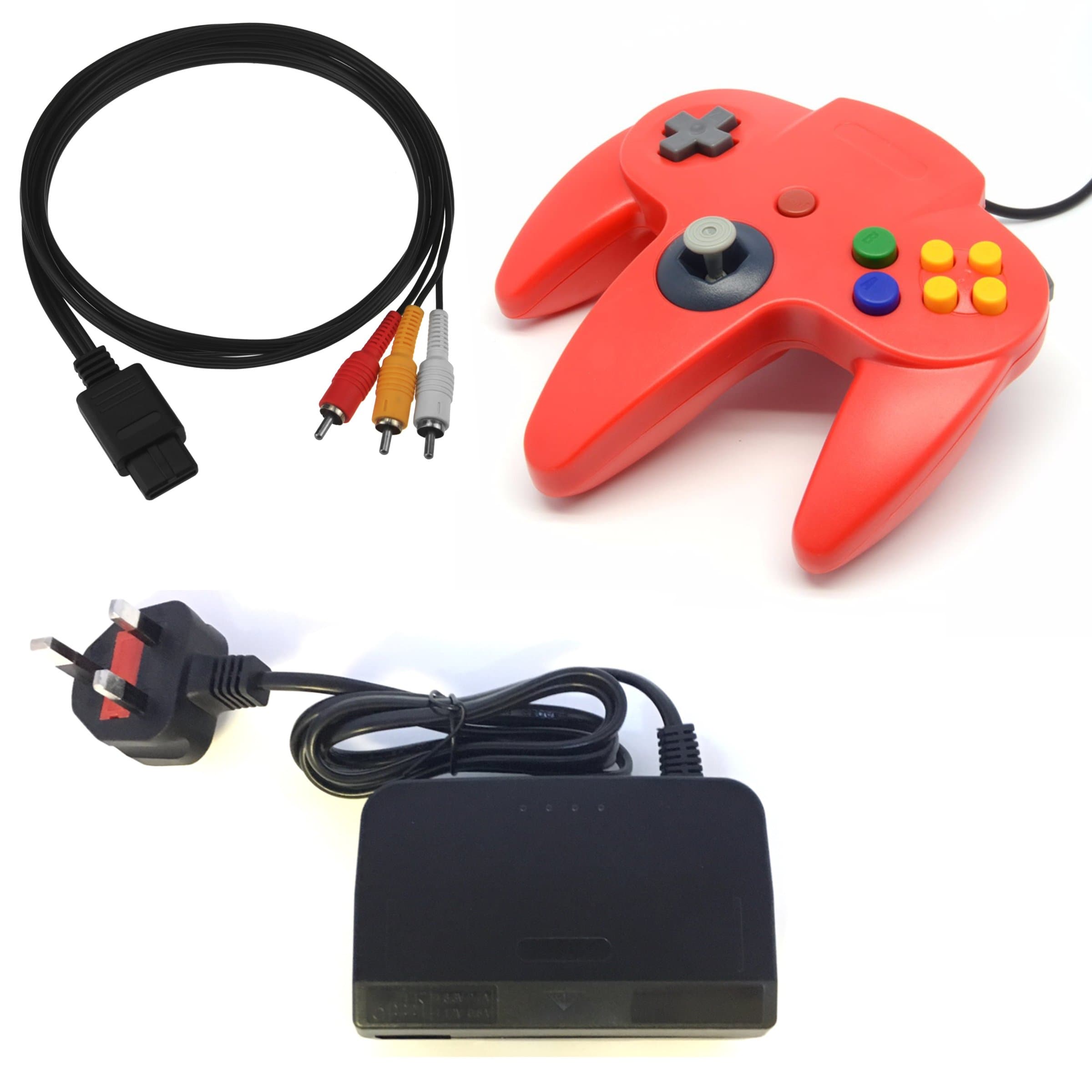 3rd Party Replacement Nintendo 64 Accessory Bundle, Power/AV & Red N64 Controller