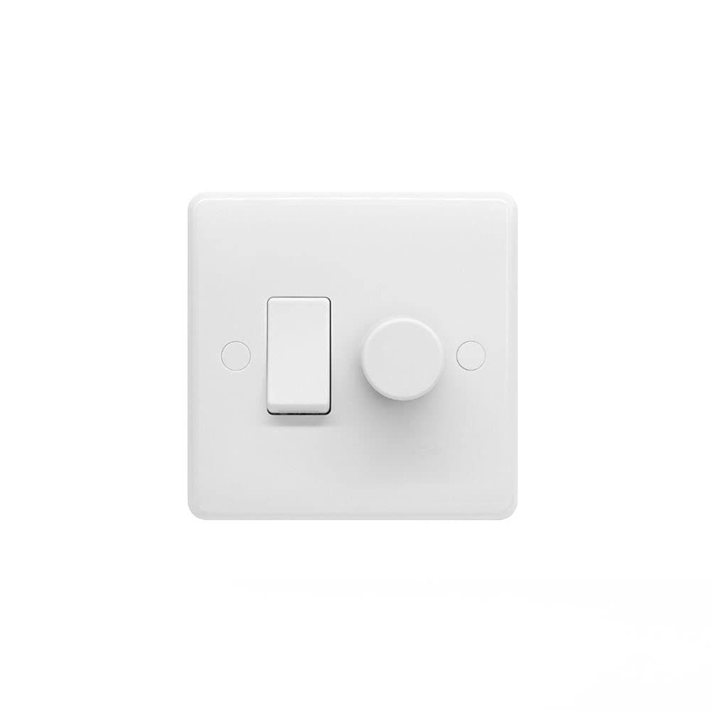 – Silk White Dimmer and Rocker Wall Light Switch Combo (2 gang, 2 Way Switch & Trailing Dimmer) suitable for LED, Incandescent and Halogen Bulbs