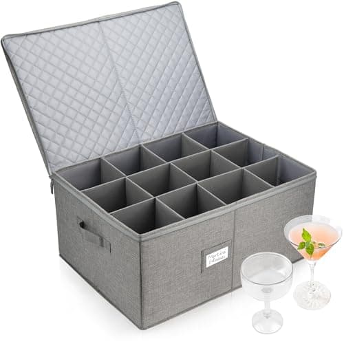 LotFancy Stemware Storage Container for Moving, Hard Shell, Wide Wine Glass Storage Box with Dividers & Handles, Stackable, Foldable Crystal Glassware Case, 21”x15.5”x10”, Grey