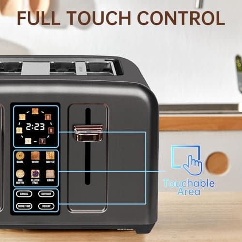 SEEDEEM Toaster 4 Slice, Full Touch control Toaster, LCD Display, 6 Bread Type, 7 Shade Settings, 1.4''Wide Slots,More Time Function, Removable Crumb Tray, 1800W, Dark Metallic