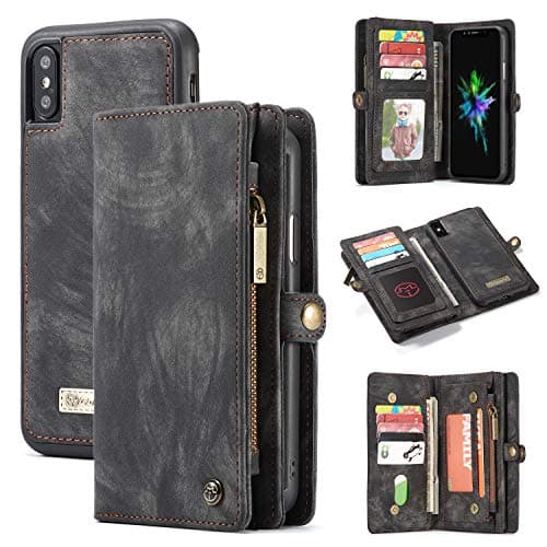 Caseme iPhone Xs Max Leather Case, Multi-Functional Flip Folio Zipper Wallet Leather Case with Card Slots and Magnetic Back Cover for iPhone Xs Max 6.5 inch (Black, iPhone Xs Max 6.5'')