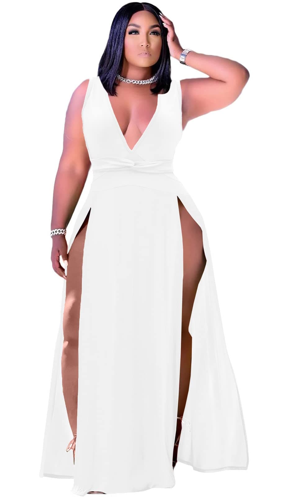 Women's Plus Size Sleeveless Deep V Neck Front Split Long Maxi Wrap Dress