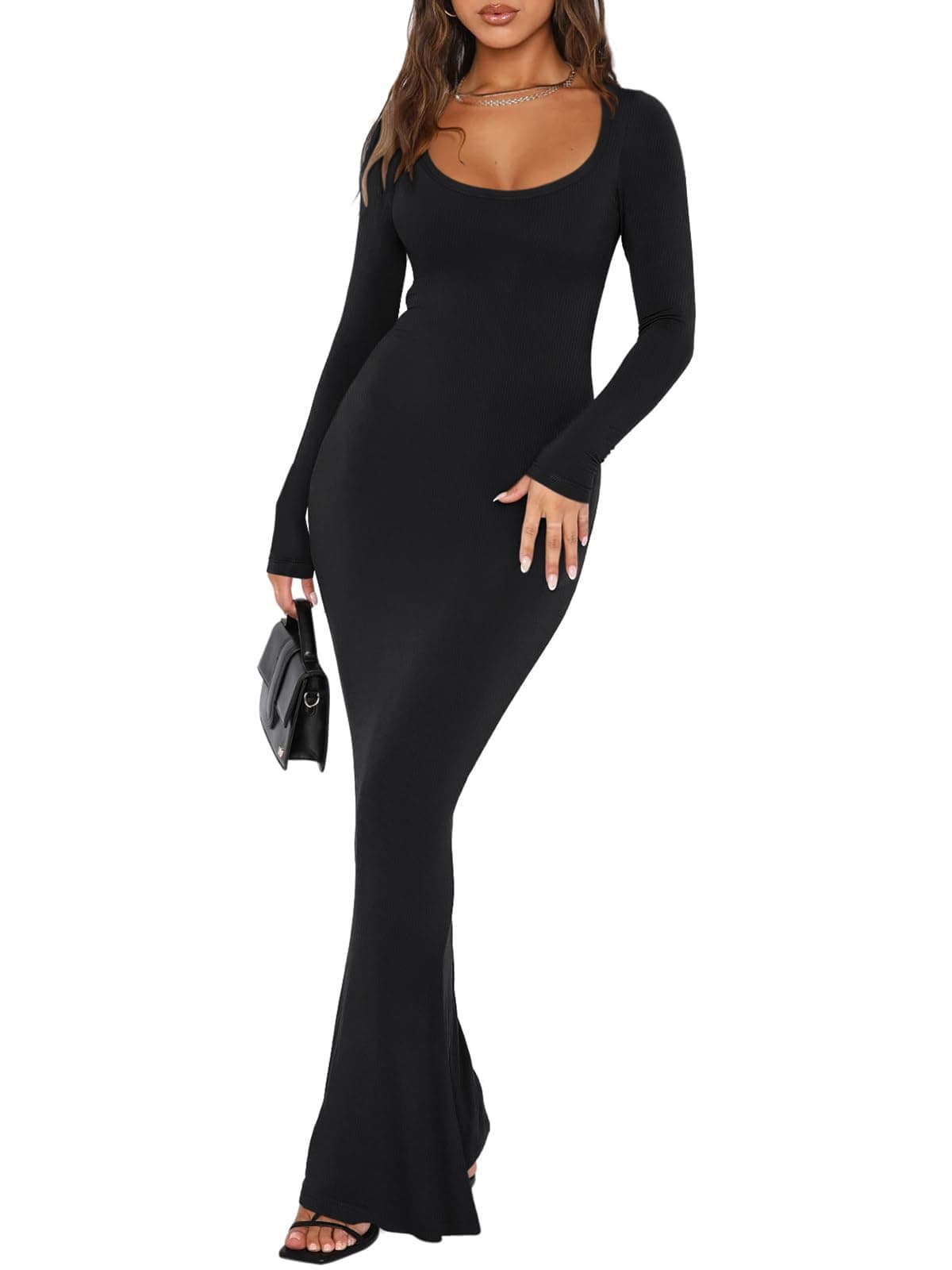 Womens Basic Sexy Square Neck Long Sleeve Soft Lounge Long Dress Fall Casual Ribbed Bodycon Maxi Dresses
