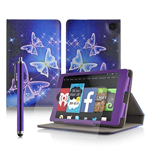 Casezilla Amazon Fire HD 6 Tablet Multi-Function Blue Purple Electric Butterfly Leather Case/Typing & Viewing Stand With Magnetic Sleep/Wake Sensor & Screen Protector & Stylus