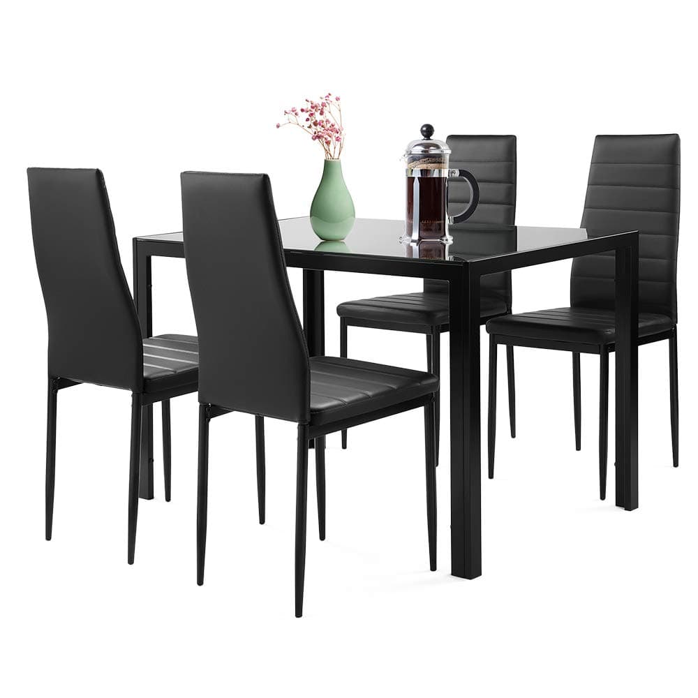 SSLine 5-Piece Kitchen Dining Table Set,Dining Table Set with 4 Faux Leather Chairs,Modern Tempered Glass Dining Table,Dining Chairs Seat Home Kitchen Dining Room Furniture,Black