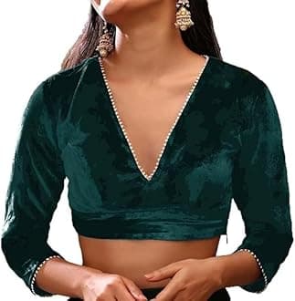 The India's Store Indian Women's Stylist Velvet Saree Blouse Stitched, Sari Choli/Top V-Neck, 3/4 Sleeve with Gotta Patti