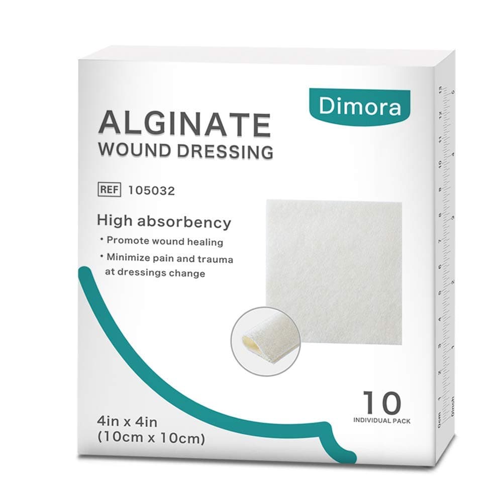 Dimora Calcium Alginate Wound Dressing, 4'' x 4'' Patches,10 Individual Sterile Pads, Soft and Highly Absorbent Dressing Gauze, Non-Stick Padding