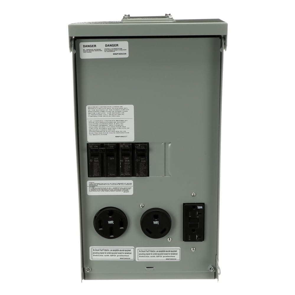 GE1LU532SS • Weatherproof RV Power Outlet • 100A Unmetered N3R • Surface Mounted • RV Equipment • 50A/30A/20A Breakers with 14-50 RWR • TT-30 RWR • 5-20R2 GFCI WR receptacles