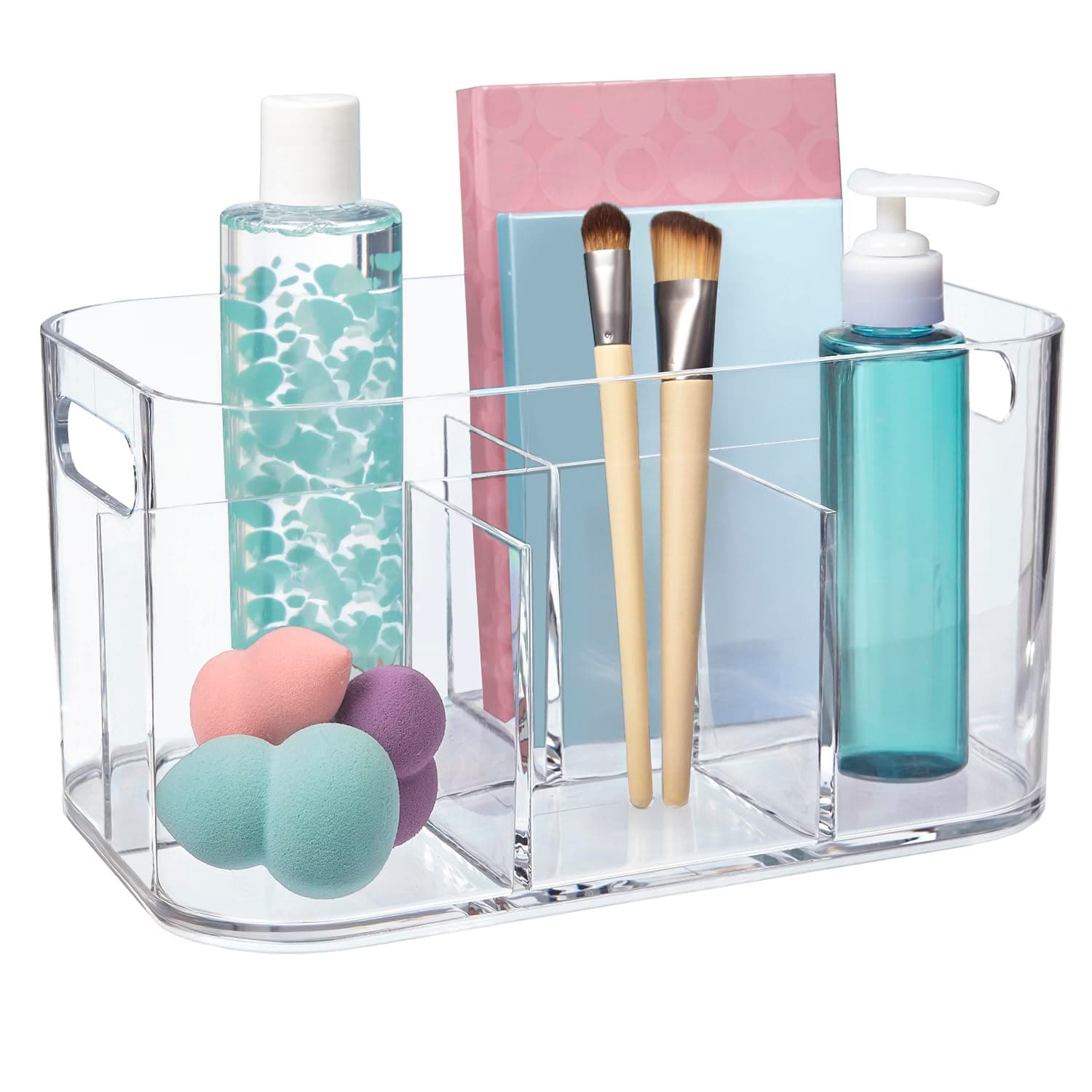 Bliss 5-Compartment Plastic Cosmetics Storage Organizer | Clear | Rectangular Divided Makeup Bin & Vanity Caddy with Pass-Through Handles | Round Corner Design | Made in USA