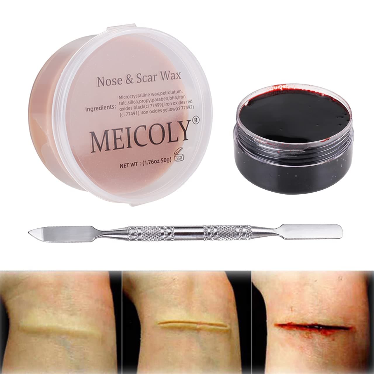 3pcs SFX Special Effects Makeup Kit - Fake Nose Putty, Scar Wax, Fake Blood Scab Gel, Dark