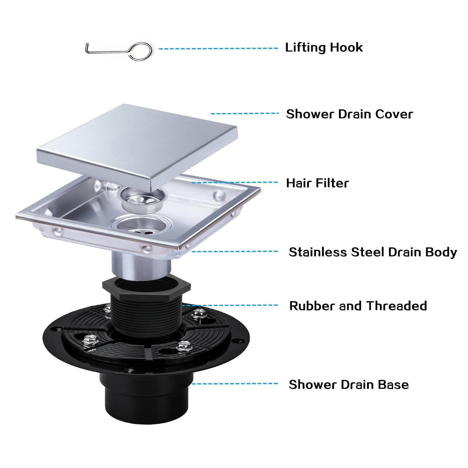 Square Shower Drain, Silver Shower Drain 6 inch with Flange and 2 in 1 Tile-Insert Cover, AISI 304 Stainless Steel Shower Floor Drain with Hair Catcher and Flange