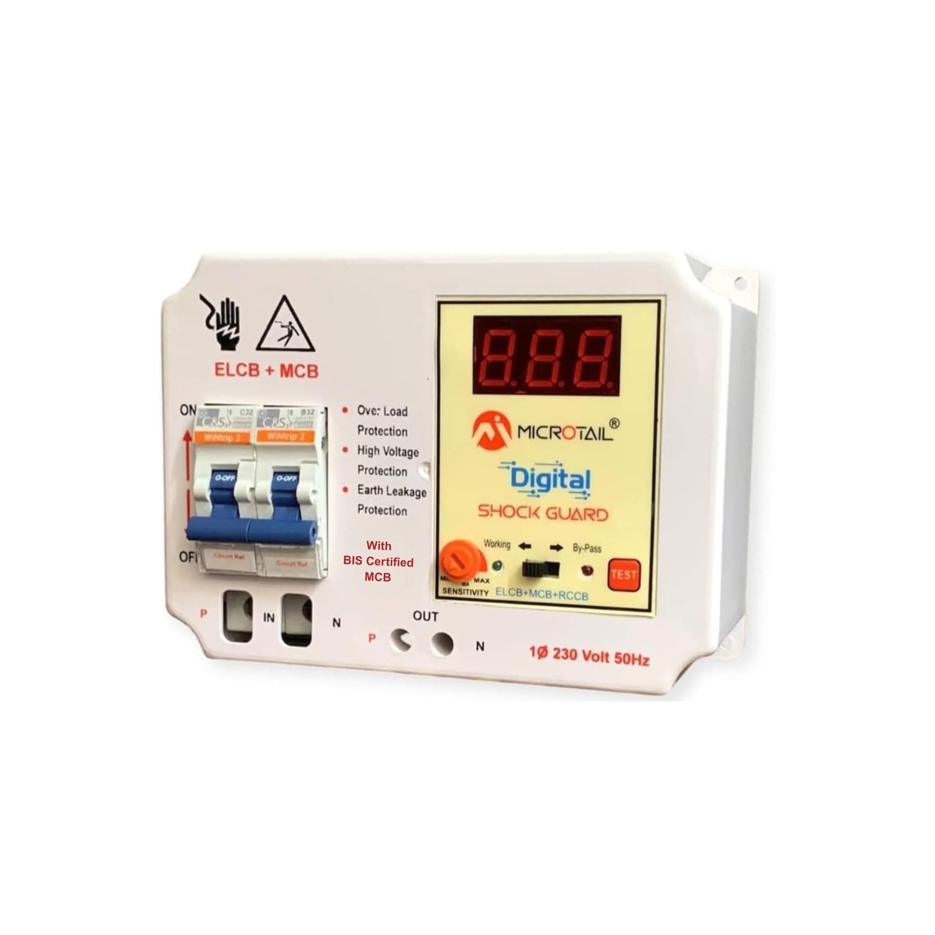 Microtail Digital ELCB 32 Amp Single Phase 2 Pole ELCB + RCCB + ISI Marked MCB with High Voltage, Leakage Current 3 to 30 Ma (White)