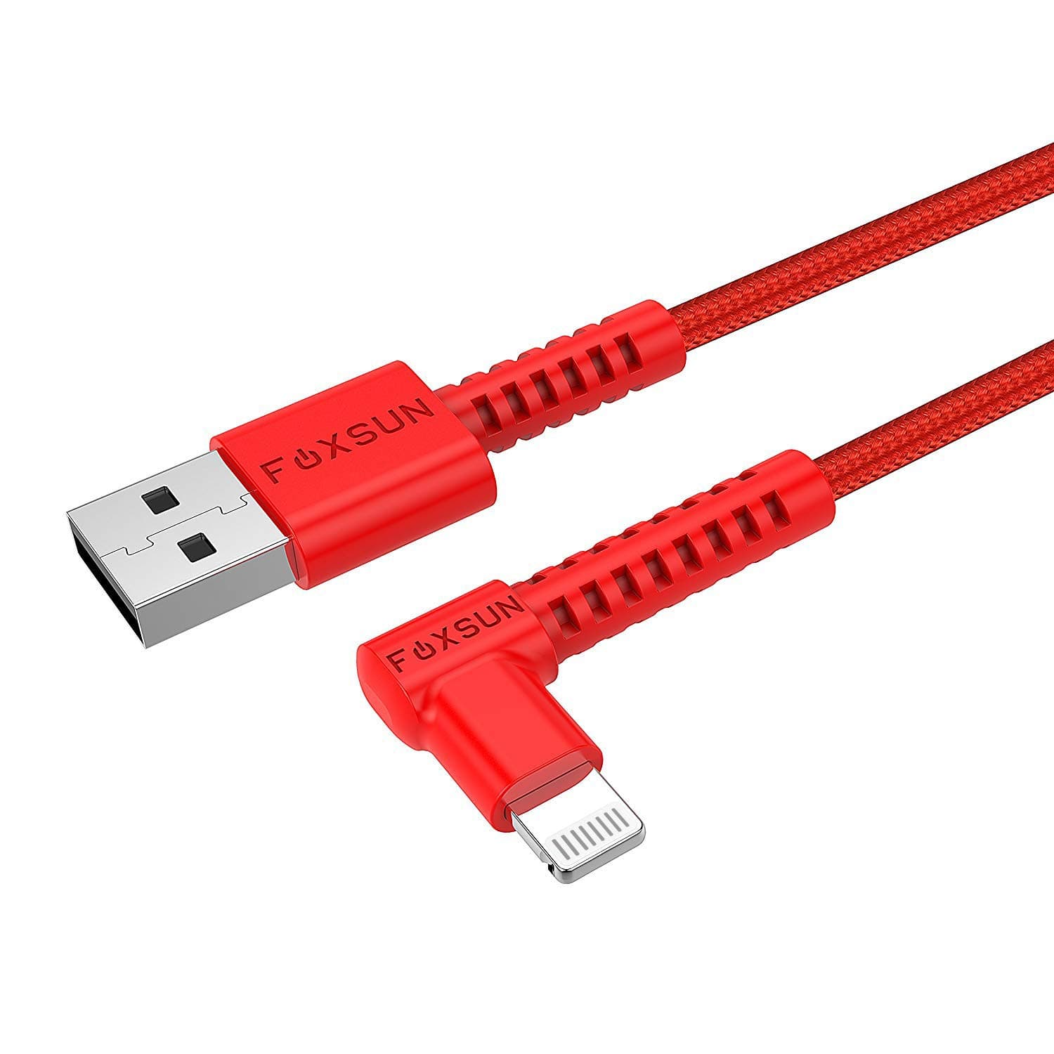 Foxsun iPhone Charger Cable 6FT Lightning Cable Right Angle 90 Degree Apple MFi Certified Nylon Braided Apple Charging Cord Compatible with iPhone 11 Xs Max X XR 8 7 6s 6 Plus SE 5 5s, iPad, iPod-Red