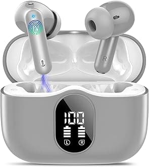 Btootos Wireless Earbuds, Bluetooth 5.4 Headphones Bass Stereo, Ear Buds with Noise Cancelling Mic, IP7 Waterproof in Ear Earphones, 36H LED Display Bluetooth Earbuds for Laptop Pad Phones, Fog Gray