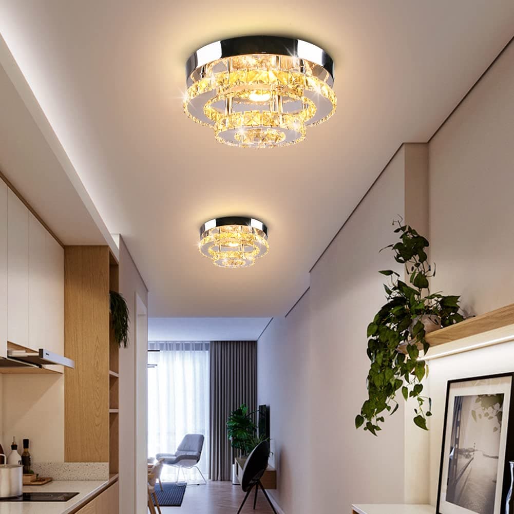 Mini Chandelier LED Crystal Ceiling Light 2 Layers Flush Mount Ceiling Light Modern Chandelier Lighting for Hallway Staircase Kitchen Bathroom (Warm White)
