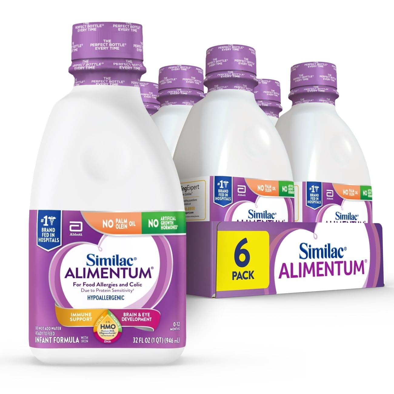 Alimentum With 2'-FL HMO Hypoallergenic Infant Formula, for Food Allergies and Colic Due to Protein Sensitivity, Ready-to-Feed Baby Formula, 32-fl-oz Bottle, Pack of 6