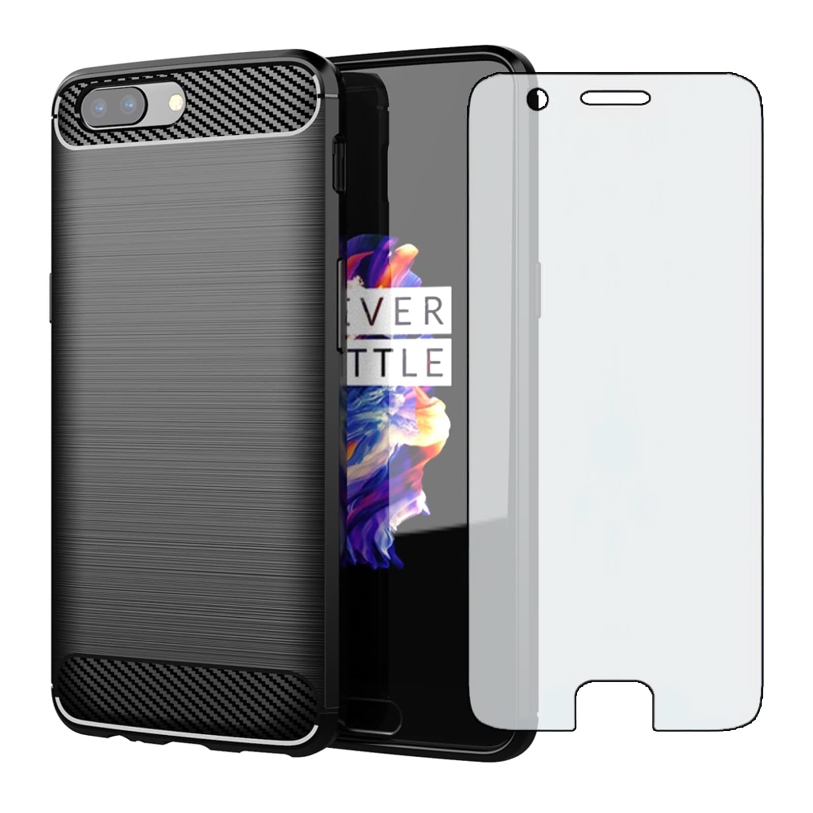 Compatible with OnePlus 5 Case and Tempered Glass Screen Protector with Shockproof Slim Soft TPU Silicone Phone Cover for OnePlus5 A5000 One Plus5 1 Plus 1plus Five One+ + 1+5 1+ 5 Women Men Black