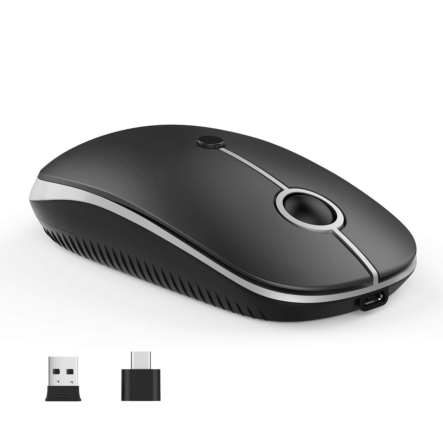 Vssoplor Type C Wireless Mouse, USB C MacBook Wireless Mouse Dual Mode 2.4G Cordless Mice with Nano USB and Type C Receiver Compatible with PC, Laptop, MacBook and All Type C Devices-Black and Silver