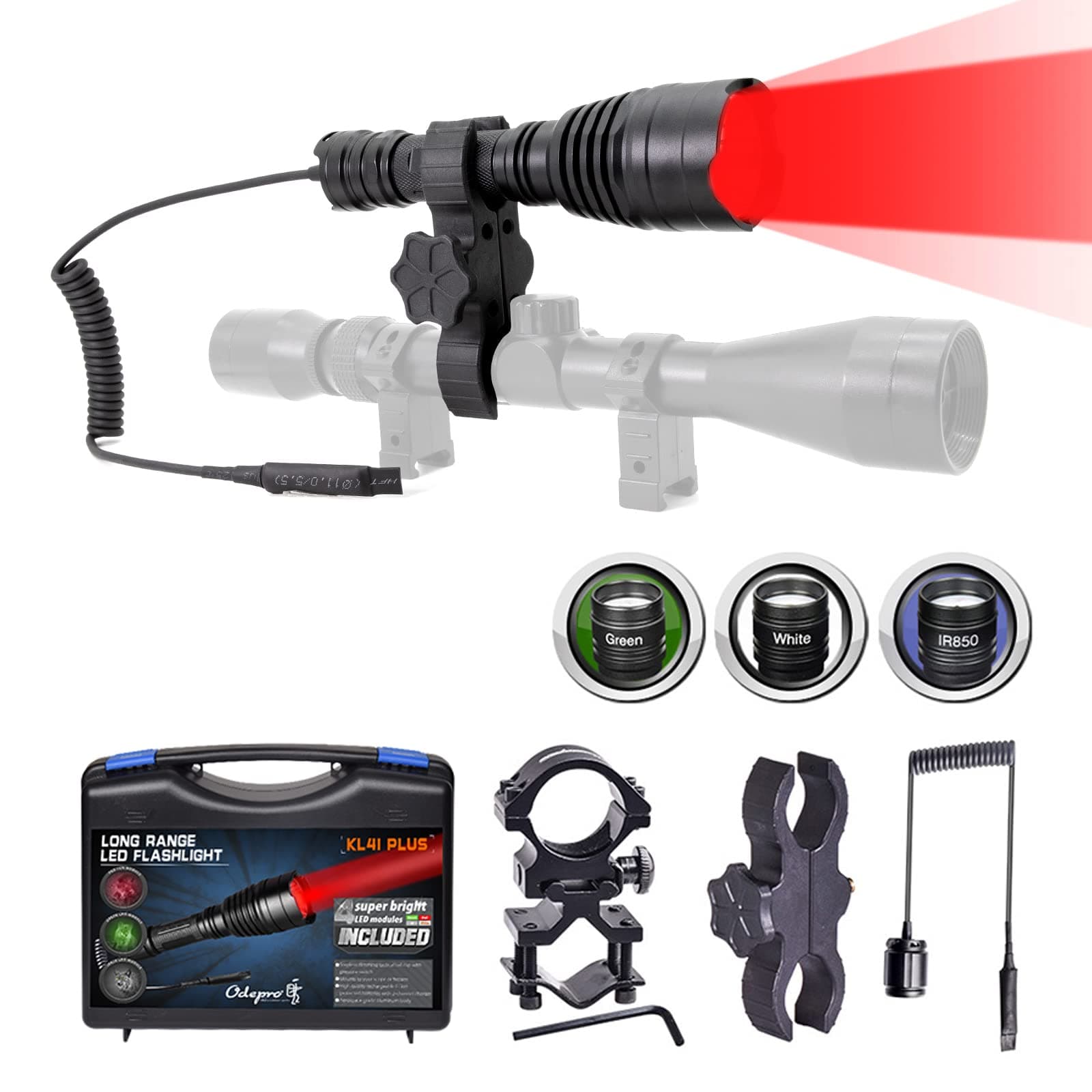 KL41Plus Long Range Scope Mounted Predator Hunting Light Kit with 4 Interchangeable Red, Green, White, IR850 LEDs and Remote Pressure Switch for Coyote, Hog, Varmint Night Hunt