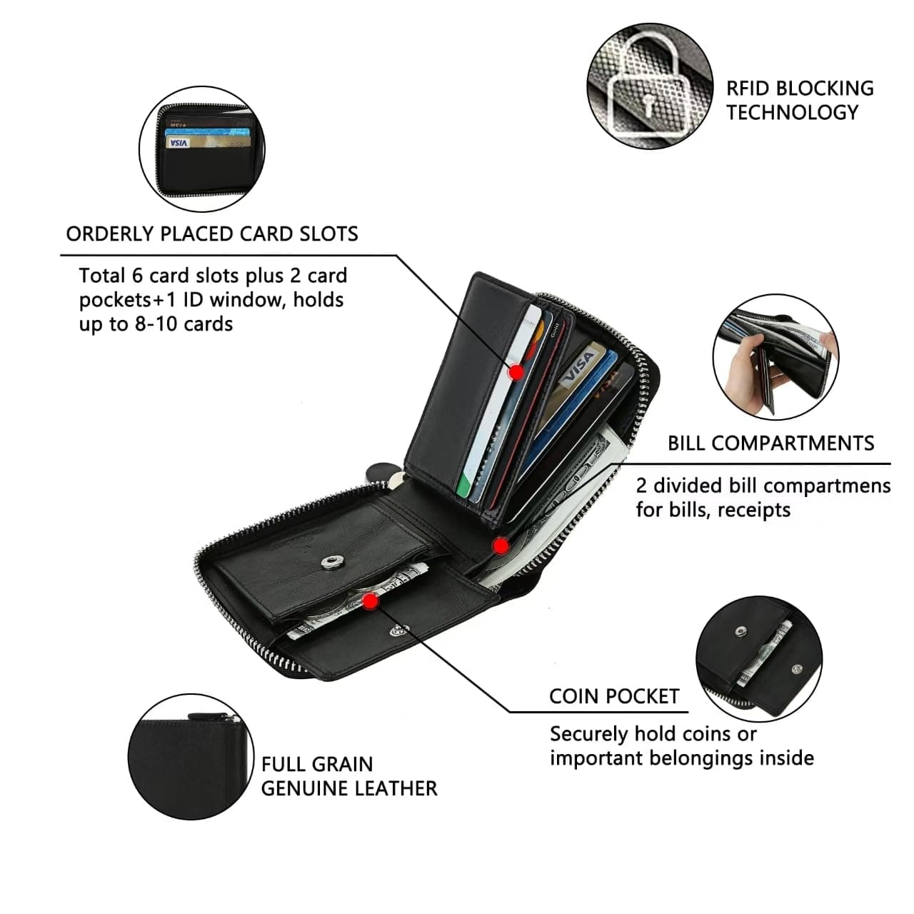 Zipper Wallets for Men RFID Blocking Leather Front Pocket Wallets with Coin Pocket and ID Window