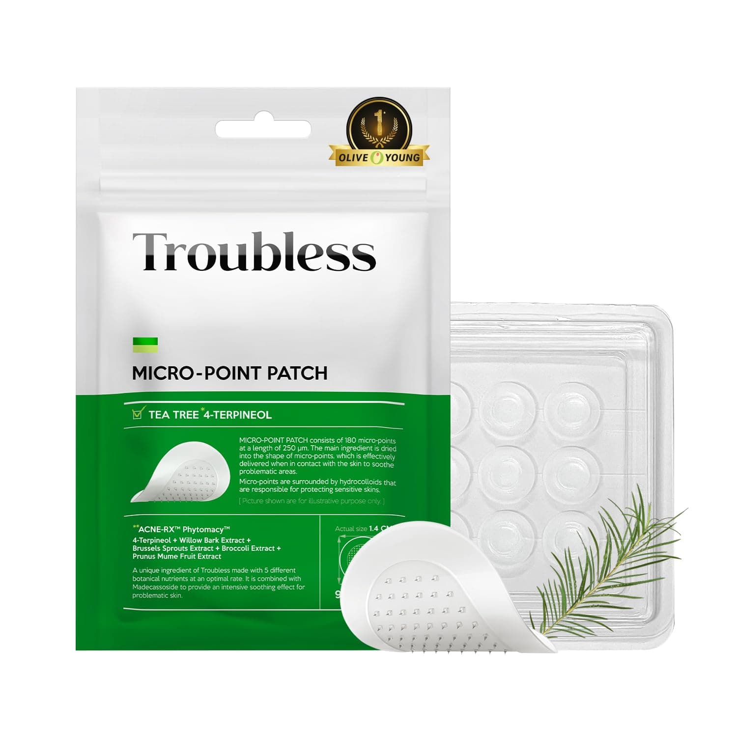Troubless Invisible Micro-Point Acne Pimple Patch with Tea Tree & Madecassoside, 9 Patches – 180 Micro-Points, Hydrocolloid Spot Treatment for Overnight Use, Soothes Redness, Strengthens Skin Barrier