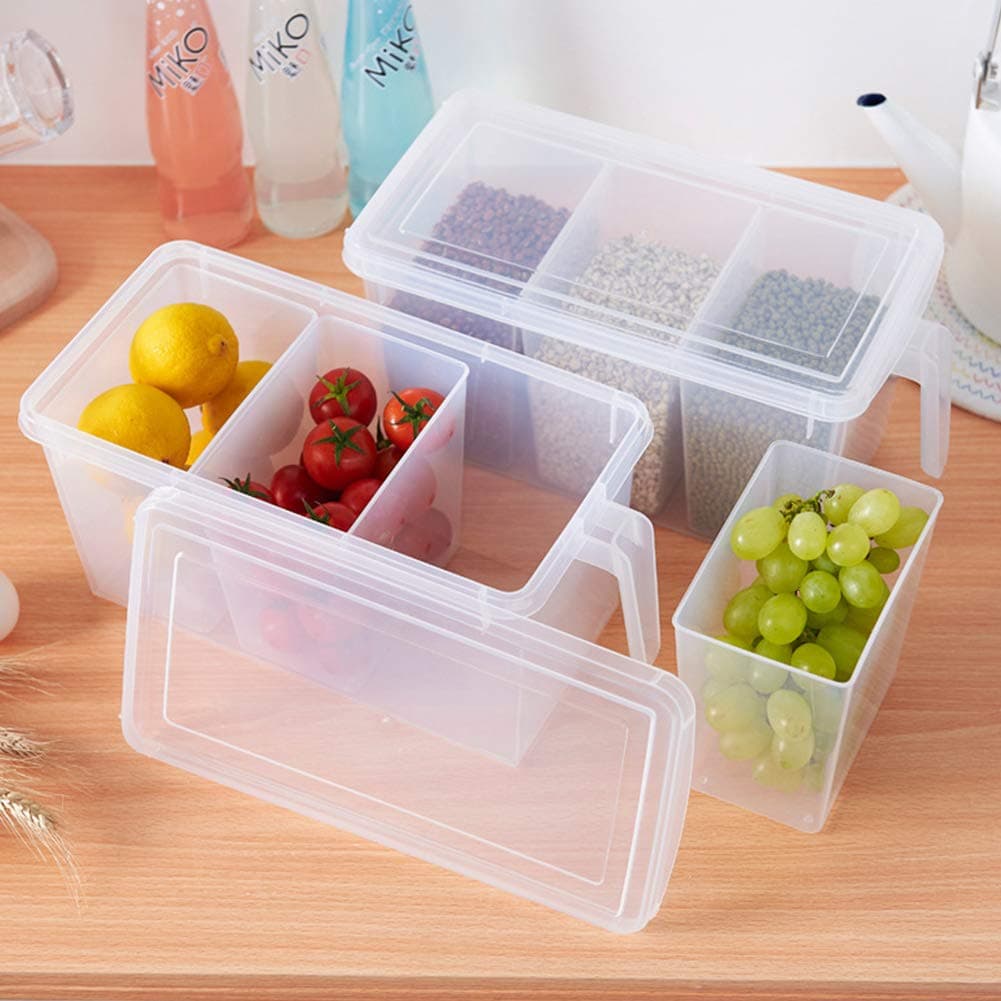 MineSign 2 Pack Plastic Divided Veggie Storage Containers with Lids and Handles for Fridge Storage Organizer Boxes for Refrigerator Produce Beans Fruits Organzation