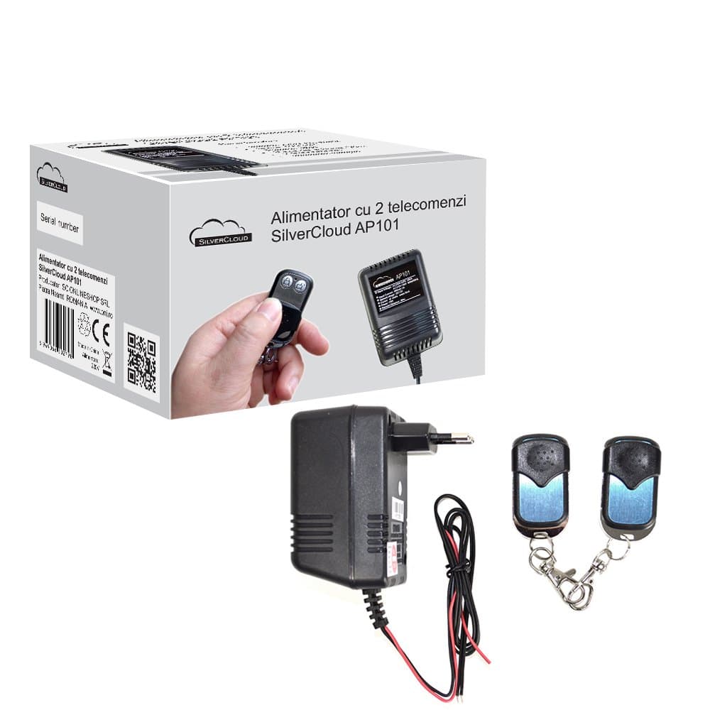 Power supply with 2 SilverCloud AP101 remote controls for electromagnetic yale and gate automation, 1 relay, 230V power supply, maximum 4 remote controls
