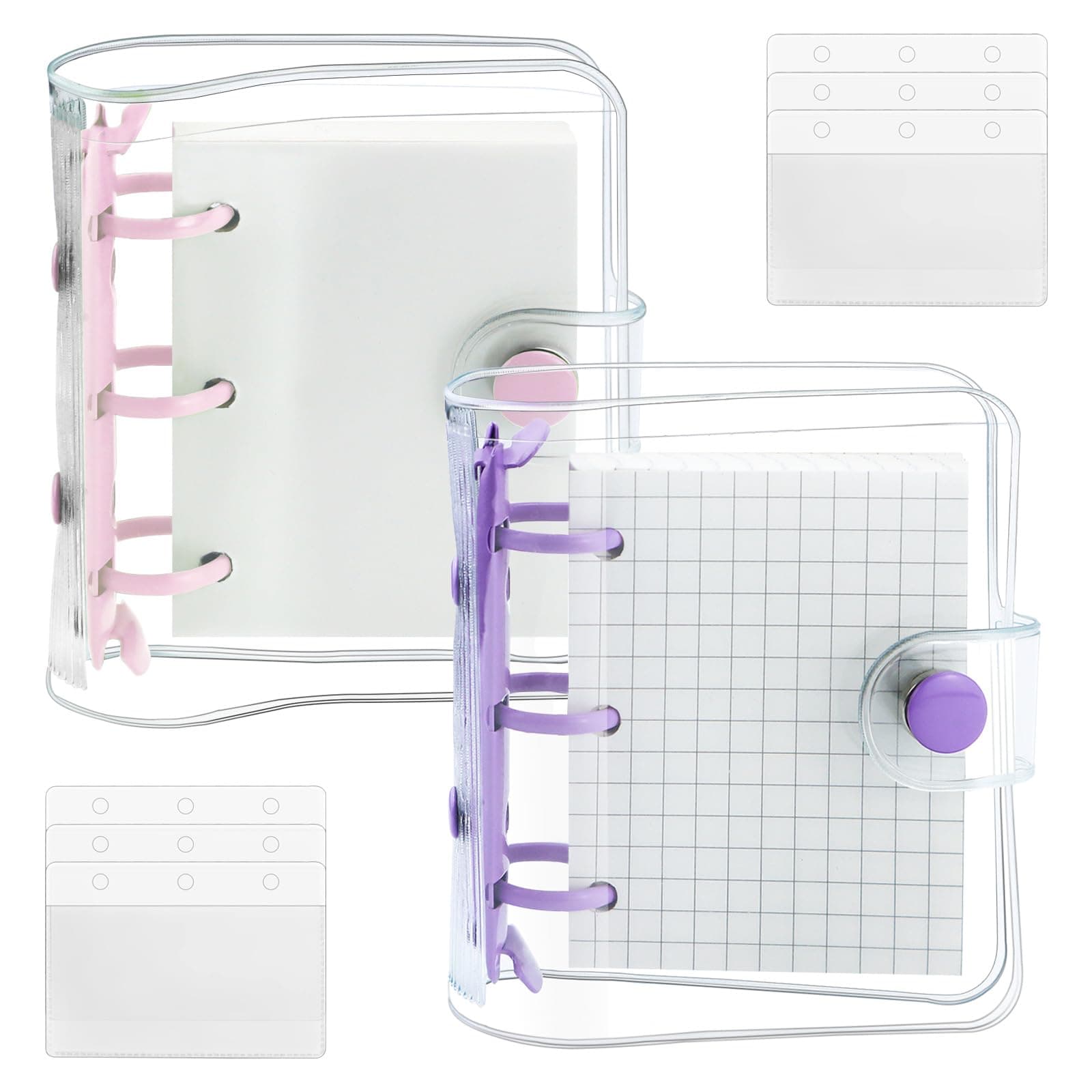 YETOOME 2 Pack Mini Transparent 3 Ring Binder Covers with Binder Inner Paper and Pockets, Clear Soft PVC Notebook Closure Loose Leaf Folder with Snap Button (Pink, Purple)